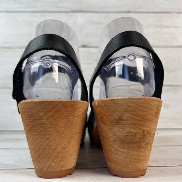 MIA Bety Sandals Womens 9M Black Leather Peep Toe Wooden Clogs Woven Adjustable - Picture 6 of 11